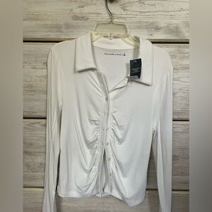 Abercrombie & Fitch White Ruched Button-Down Shirt